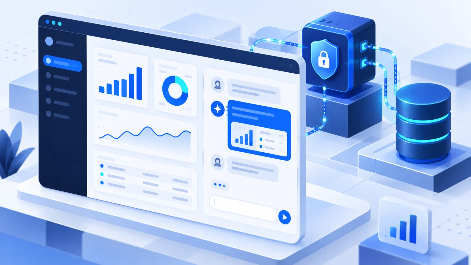 Illustration of an embedded analytics chatbot connected through a secure server to a database